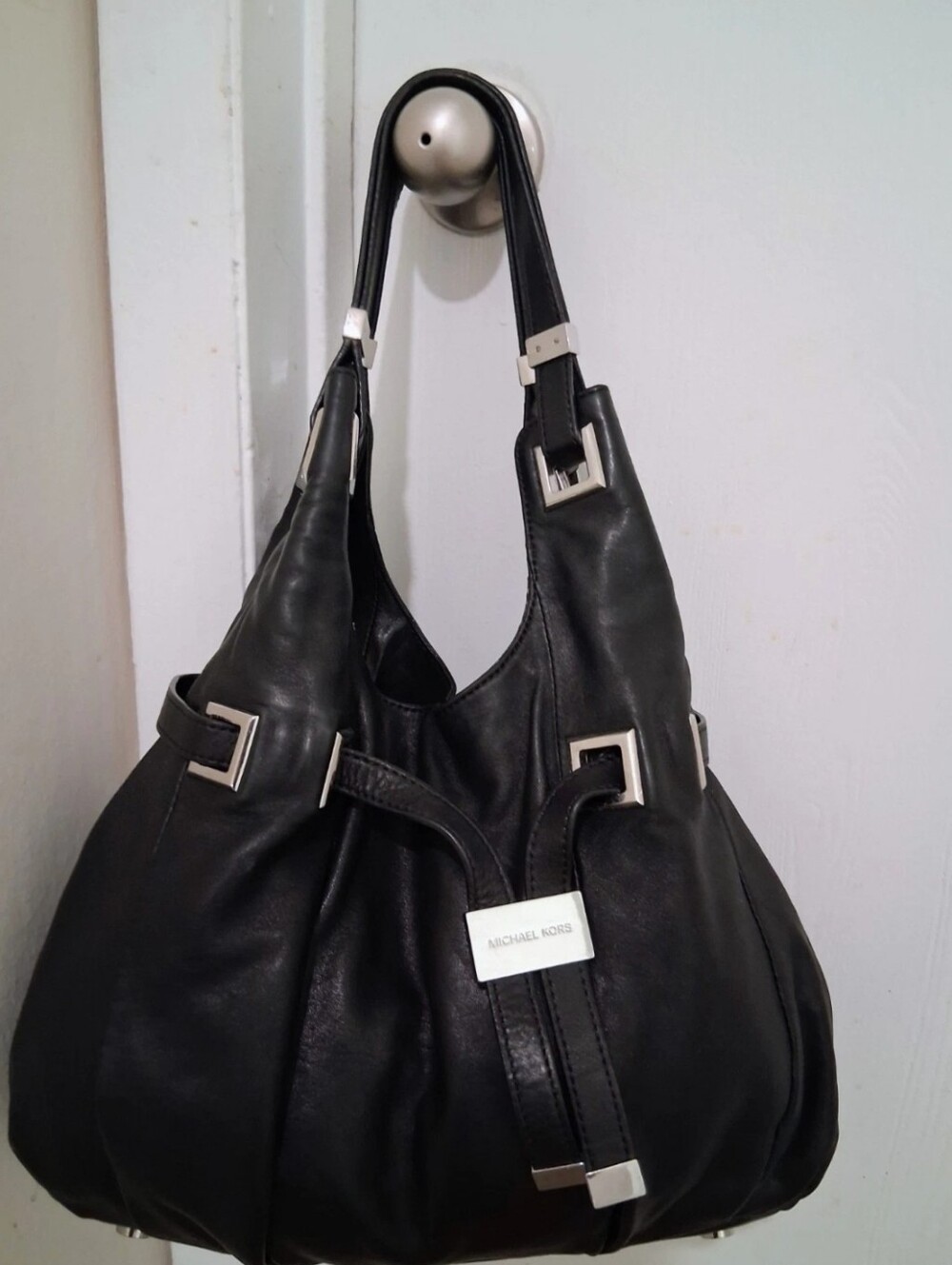Michael Kors Smooth Black Leather Hobo Bag W/ Silver Hardware